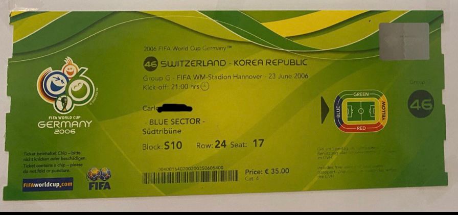 Eintrittkarte WM 2006, Schweiz gegen Südkorea