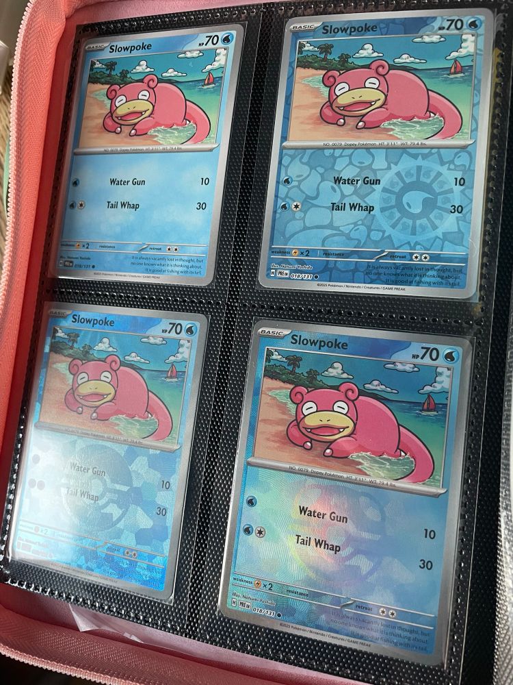 A page from a binder with four cards with Slowpoke from the Prismatic Evolutions set. Each card is the same but the foil on them is different, some are foiled, some are holos. 