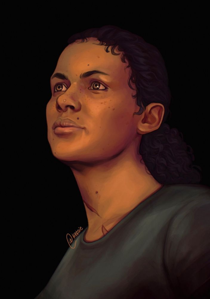 A more rendered portrait of Nadine Ross. She’s looking up, smiling slightly. 