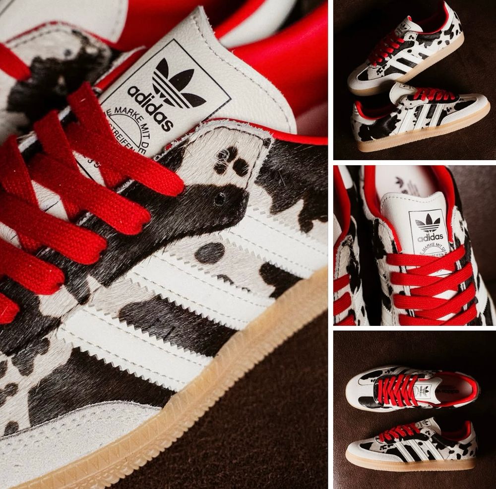 Adidas Samba mit Kuhflecken Fellimitat und roten Schnürsenkeln