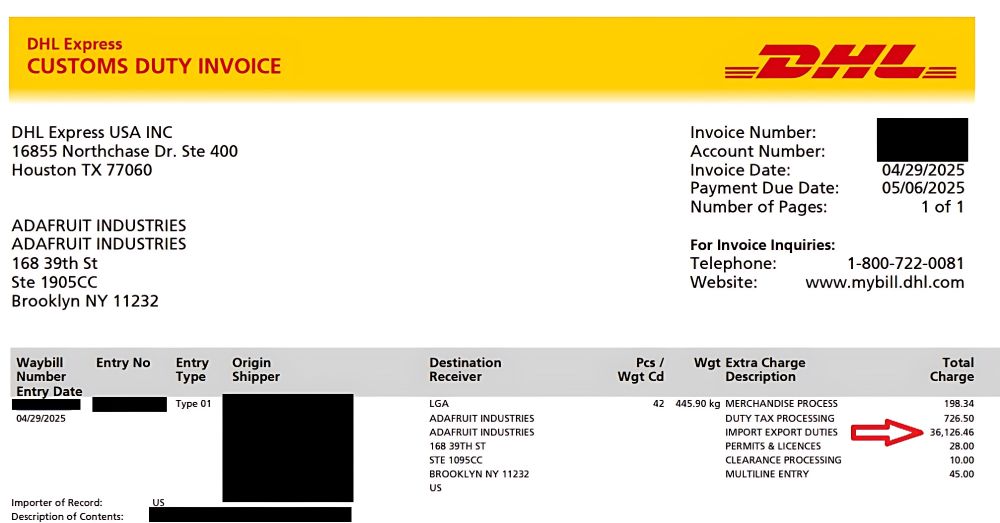 A DHL Express customs duty invoice addressed to Adafruit Industries in Brooklyn, NY, showing various charges including a highlighted import export duties fee of $36,126.46.