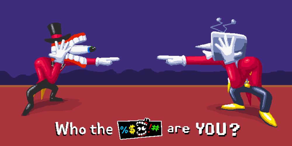 drawing of Caine (left) from The Amazing Digital Circus, and Tenna (right) from Deltarune, stanced up in mirrored poses and pointing at each other in surprise/disbelief with the other hand on their head, with both going "Who the [%$!#] are YOU?" (as a single subtitle) with the censor bar from TADC (doubling as something like Tenna's funnytext)