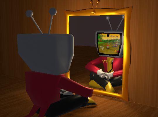 tenna playing Mario Kart 64 on himself in a mirror. he's awkwardly holding the N64 controller backwards so it faces his own screen