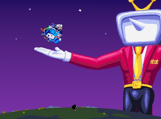 Deltarune drawing reminiscent of Katamari Damacy, with a muscular Tenna standing in for the King of All Cosmos (with a similar prominent bulge), while a tiny Spamton, looking up, is standing in the Prince's place.

Tenna is holding up a pipis-like katamari that has rolled up several Chapter 3 darkners such as Lanino, Elnina, Watercooler, red and green Pippins, Shuttah and a Shadowguy; several of them screaming in terror. The TV insignia on his suit is replaced with the Katamari Damacy kanji logo, but part of one of the kanji is stealthily replaced with Starwalker.