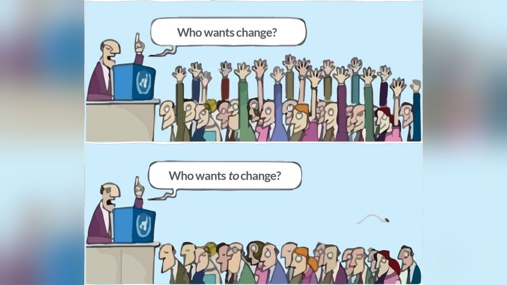 A man asking a crowd, "Who wants change?" and everyone has their hands up. The man then asks, "Who wants to change?" and everyone has their hands down.