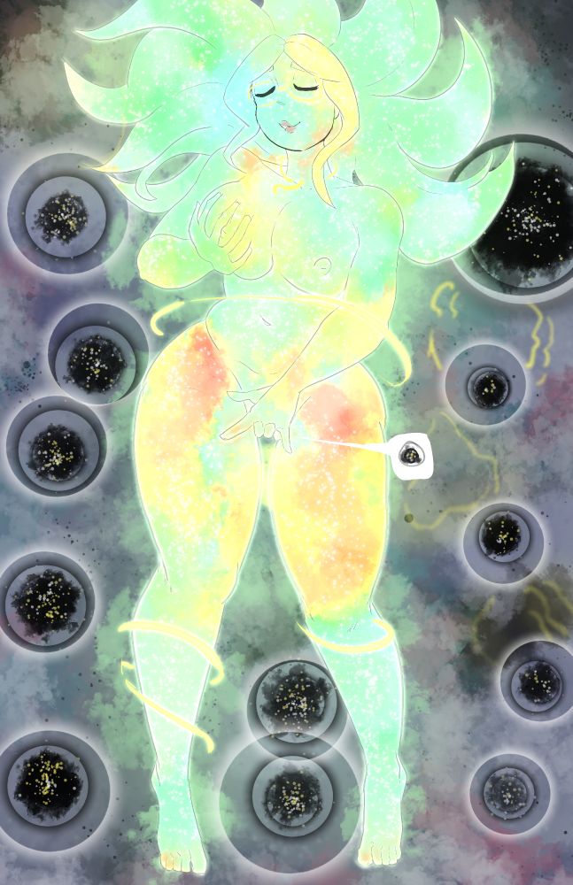Stacy Drakenberg floats through space in Her "cosmic" form, glowing bright green and yellow and floating among spheres that contain something several trillion levels above "universes." She is fingering Herself and fondling Her chest.