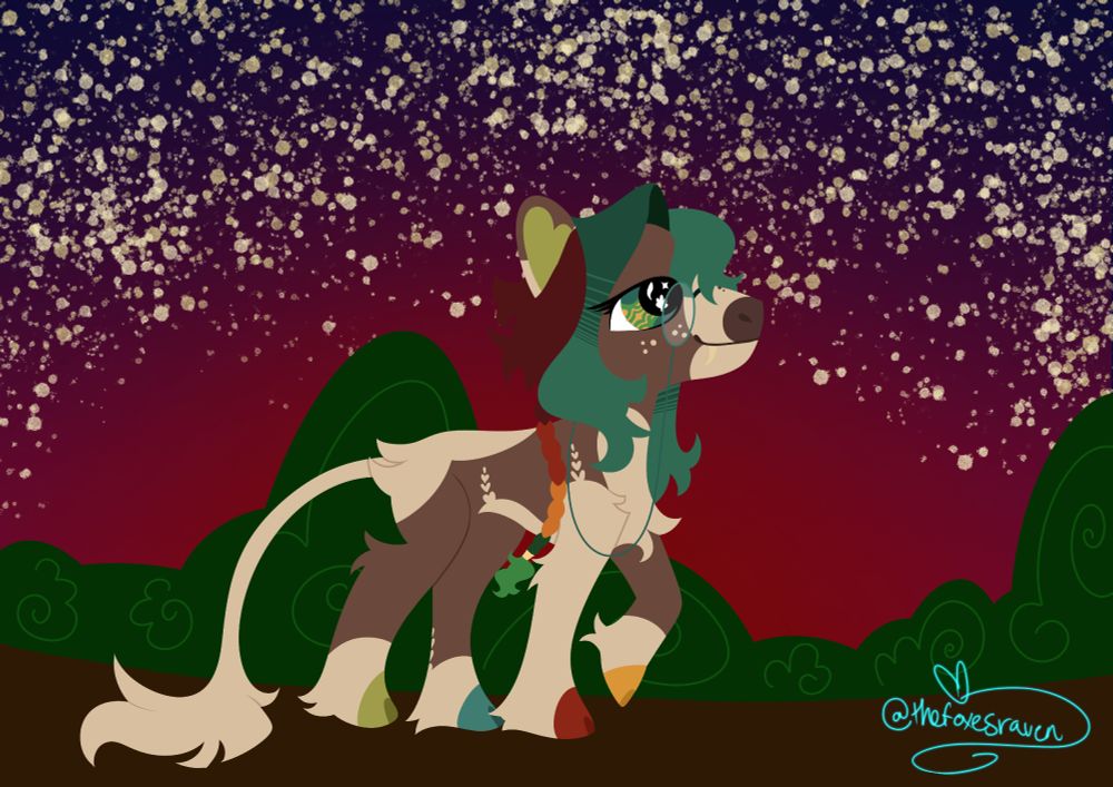 AN autumn colored pony takes a stroll underneath the autumn stars.
