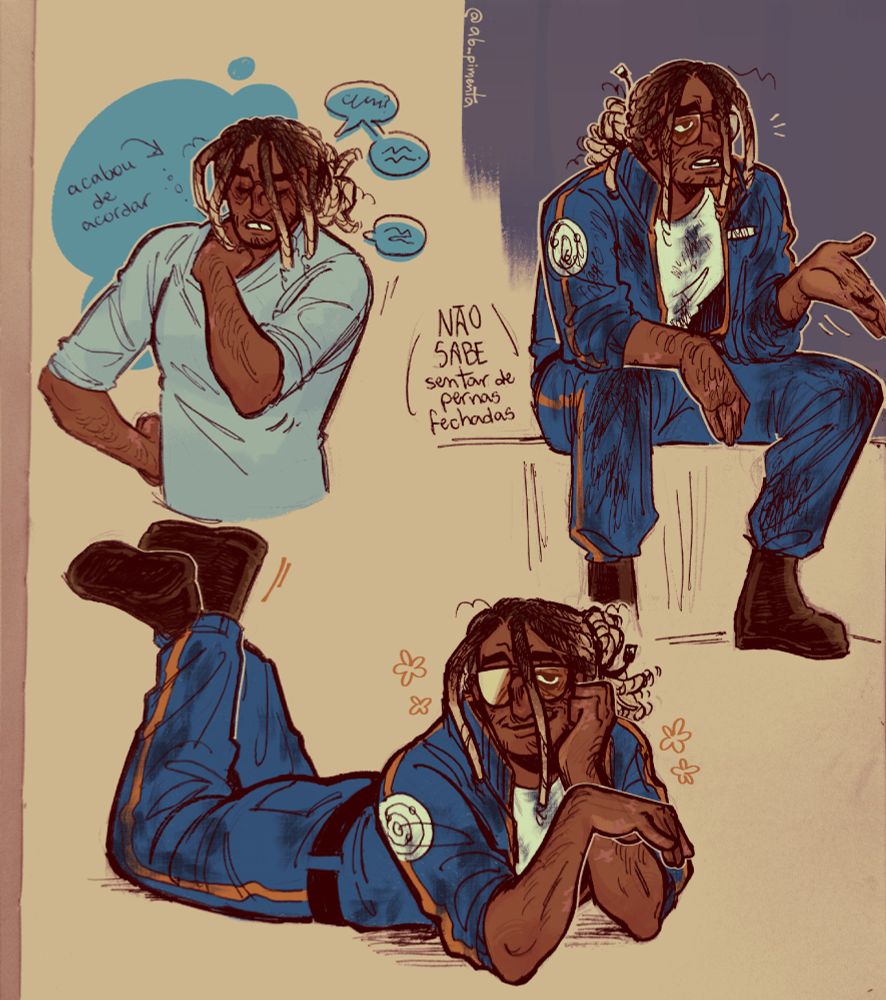 Desenhos de Delano (descrição de personagem mesma da imagem anterior) em poses diferentes. Na esquerda ele aparece usando uma blusa azul claro e tem um aspecto de cansaço. Na direita em cima, ele aparece gesticulando como se conversasse com alguém enquanto está sentado, e embaixo aparece deitado no chão, apoiando-se nos cotovelos e olhando para o observador.