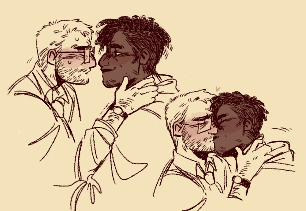 desenho de dois homens se beijando: um deles é Maurício, um homem branco de óculos, barba rala, monocelha e cabelo curtinho e o outro é Caio, um homem negro de dreads, barba rala e cabelo raspado de um dos lados. mwah mwah mwah