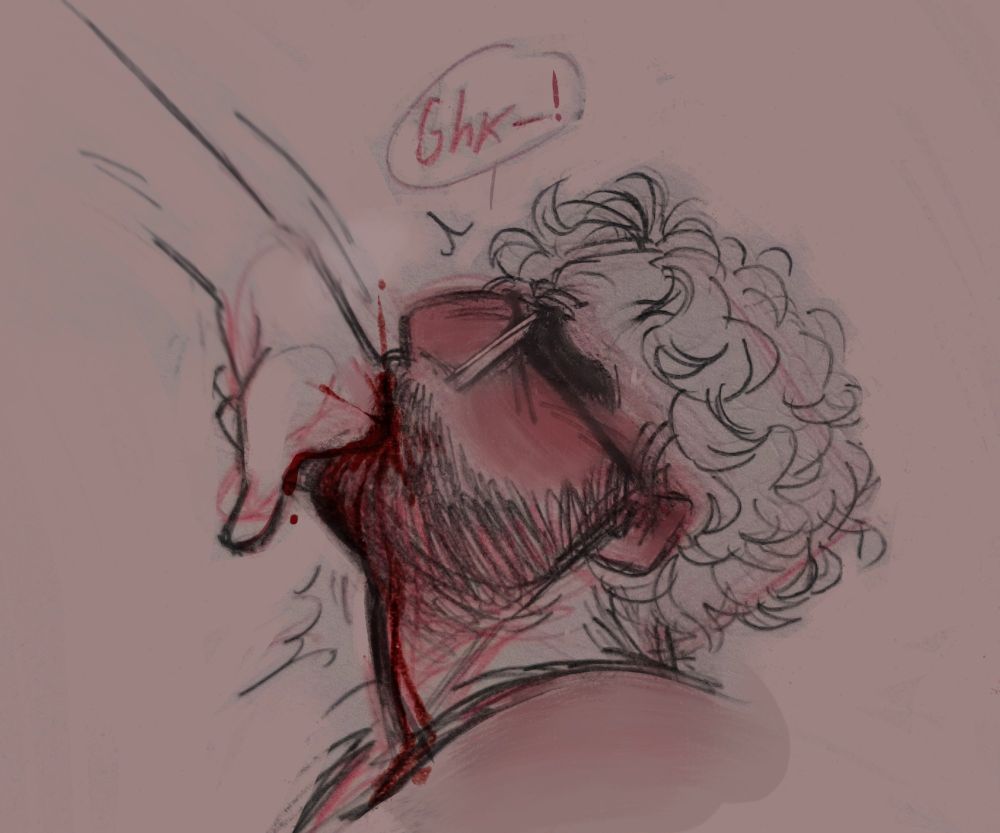 desenho de perfil de um homem barbudo e de cabelo ondulado. ele usa óculos, tem uma expressão de esforço no rosto, e está de cabeça inclinada pra cima. no desenho, uma mão aparece enfiando dedos dentro na boca do homem, fazendo-o engasgar. sangue vermelho escorre pelo queixo dele.