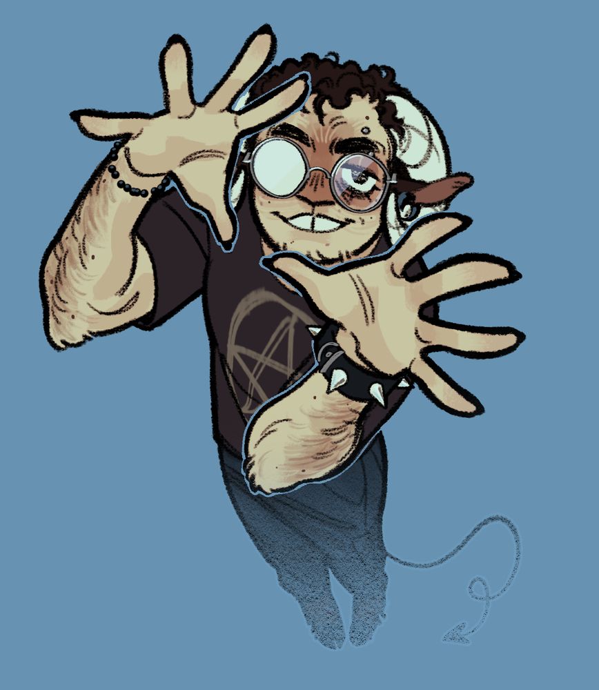 desenho digital da persona do artista, um homem de pele branca, cabelo curto cacheado, que tem chifres, focinho e pernas de bode. Ele usa óculos, roupas escuras e pulseiras.