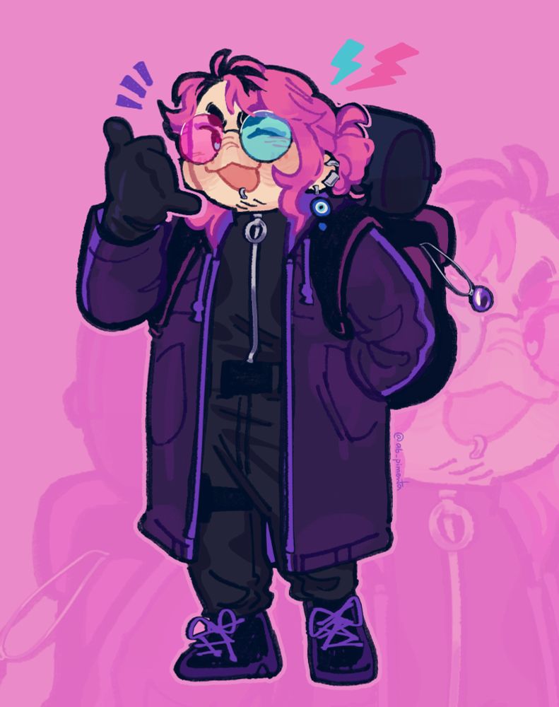 desenho digital de Milo, uma figura de aparência andrógina. Ele tem cabelo rosa preso, tem pele clara e barbicha no queixo. Milo usa roupas escuras por baixo de um casaco grande e volumoso com detalhes em roxo, e carrega nas costas uma mochila grande. Ele faz um sinal de telefone com a mão direita e sorri, enquanto pisca para a "câmera".