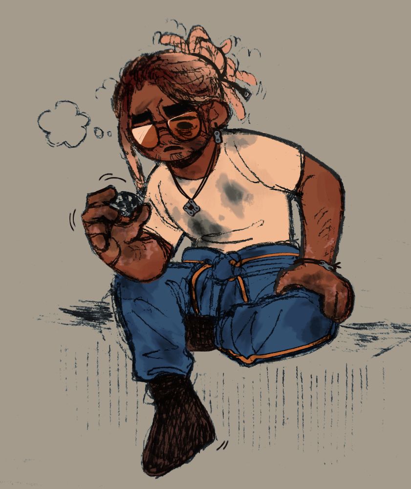 Desenho digital de Delano, personagem do artista. Ele é um homem negro, de dreadlocks loiros amarrados de forma bagunçada por um cabo USB, veste uma camiseta branca manchada de graxa e a parte de baixo de um uniforme azul, também manchado. Ele aparece sentado, pensativo, enquanto gira uma bolinha de engrenagens pequenas na mão.