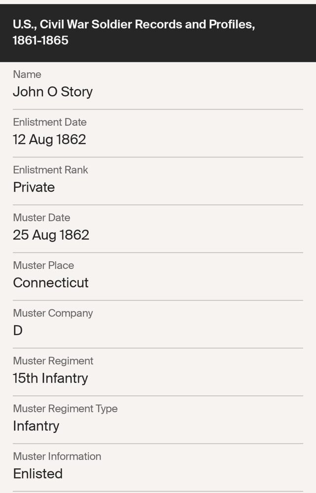 A screen shot showing that John Story was enlisted in 1862 in Connecticut 