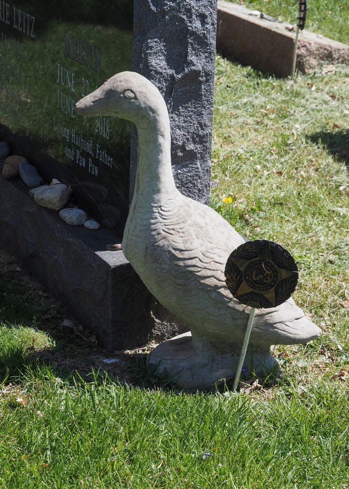 A sculpture of a goose stood next to a gravestone.
