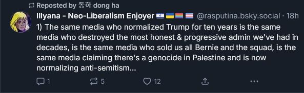 Post by 'Illyana - Neo-Liberalism Enjoyer' with an Israeli, Ukrainian, rainbow and trans flag, reposted by 동하 dong ha, reading: "1) The same media who normalized Trump for ten years is the same media who destroyed the most honest & progressive admin we've had in decades, is the same media who sold us all Bernie and the squad, is the same media claiming there's a genocide in Palestine and is now normalizing anti-semitism..."