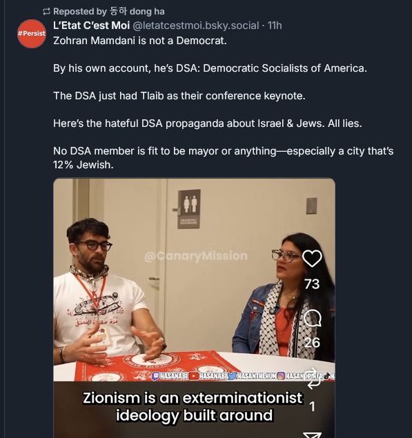 Post by user 'L'Etat C'est Moi' reposted by '동하 dong ha', reading: "Zohran Mamdani is not a Democrat.

By his own account, he’s DSA: Democratic Socialists of America.

The DSA just had Tlaib as their conference keynote.

Here’s the hateful DSA propaganda about Israel & Jews. All lies.

No DSA member is fit to be mayor or anything—especially a city that’s 12% Jewish."