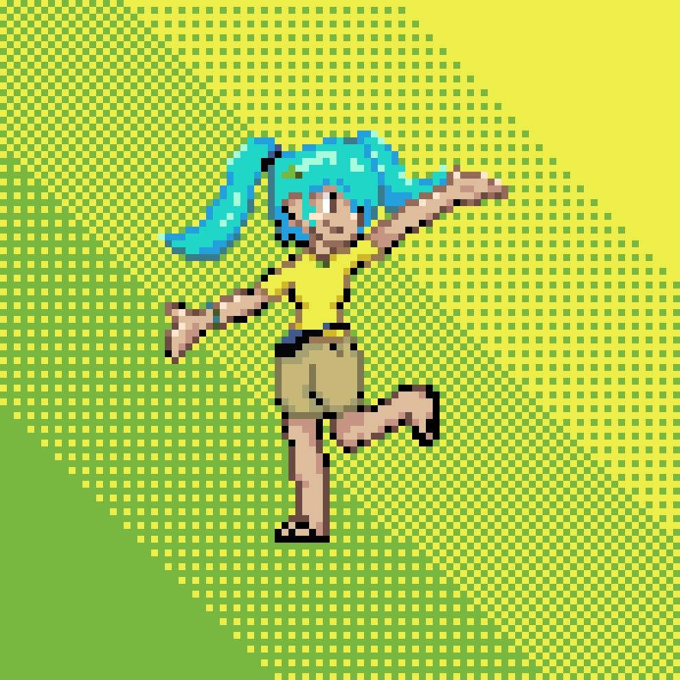 Uma arte em pixel da Hatsune miku com uma blusa amarela, shorts bege, uma polchete preta na cintura e chinelos.