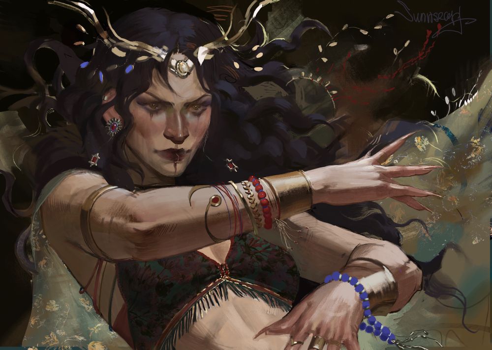 portrait of a dancing witch in flowing robes. her hands are arranged in a magical gesture. She has dark hair, an insidious and evil hypnotizing look. She wears a lot of jewelry, gold and silver, and has a hoop on her head that looks like deer horns. the eyes are green-brown. maroon lips. She is wearing a dark green top with a pattern of reddish flowers