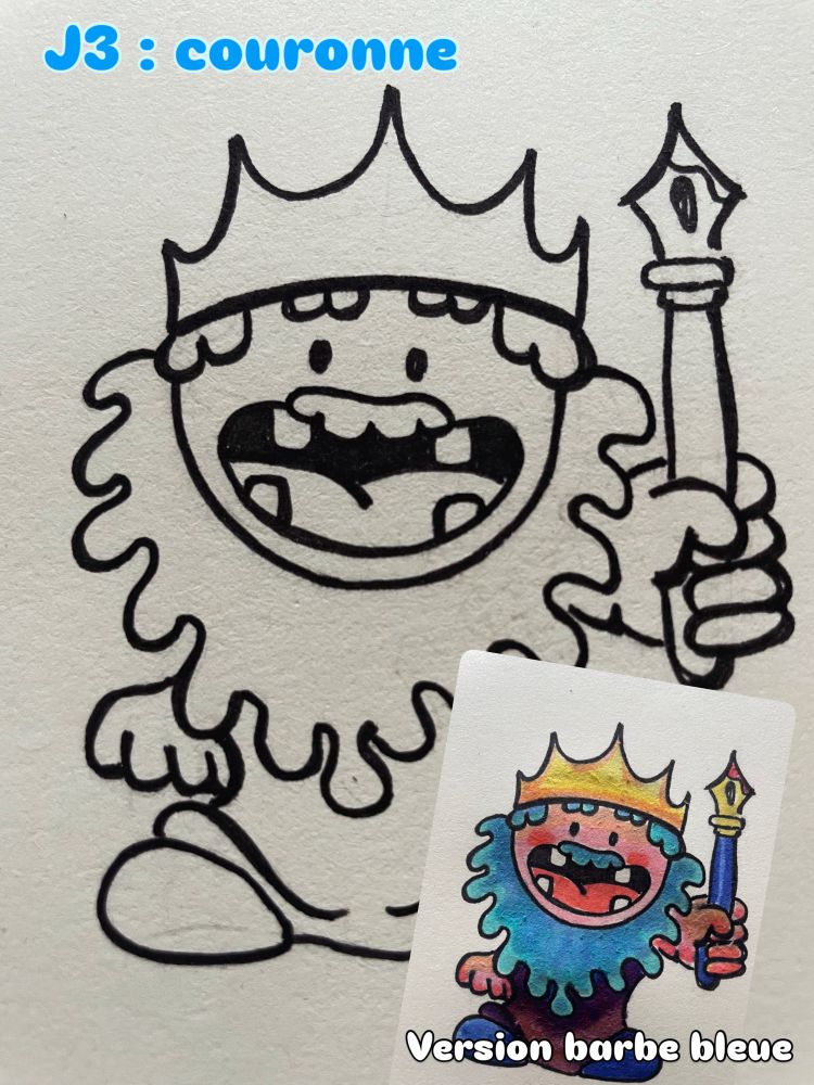 Un petit roi mignon avec une grosse couronne et un sceptre stylo. 
La colo montre qu’il s’agit de barbe bleue et que le stylo a de l’encre rouge