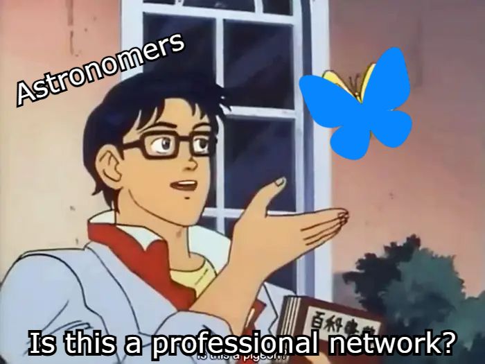 "Is this a pigeon" meme with character labeled "astronomer" asking "is this a professional network?" to the bluesky logo
