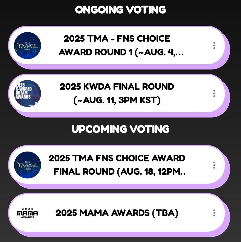 List of ongoing voting: 
2025 TMA FNS Choice Award Round 1 until August 4, 12 pm KST
2025 KWDA Final until August 11, 3 pm KST

List of upcoming voting:
2025 TMA FNS Choice Award Final Round on August 18, 12 pm KST
2025 MAMA Awards (TBA)