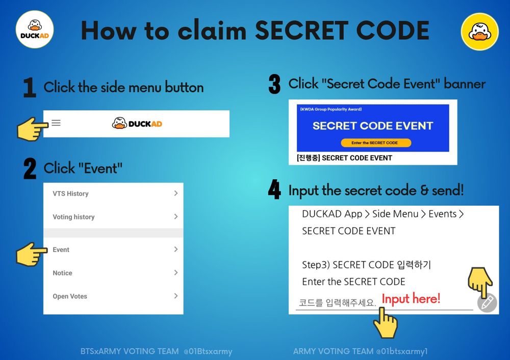 How to claim secret code:
1. Click the side menu button
2. Click "EVENT" 
3. Click the "Secret Code Event" banner
4. Input the SECRET CODE