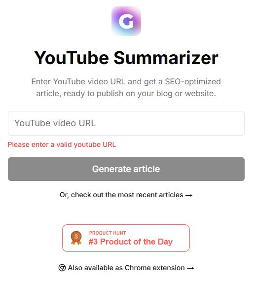 Capture de l'écran d'accueil de Youtube Summerizer avec un champ de saisie pour coller l'URL d'une vidéo youtube et un bouton pour générer l'article-résumé correspondant.