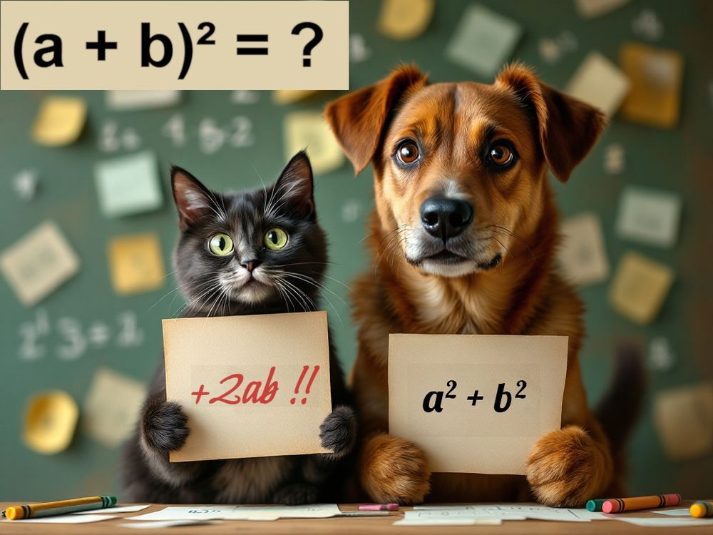 Image d'un chien et d'un chat brandissant chacun une pancarte pour répondre à la question (a+b)²=?
Le chien tient la pancarte où il est écrit seulement a²+b²; le chat complète avec sa pancarte +2ab!!