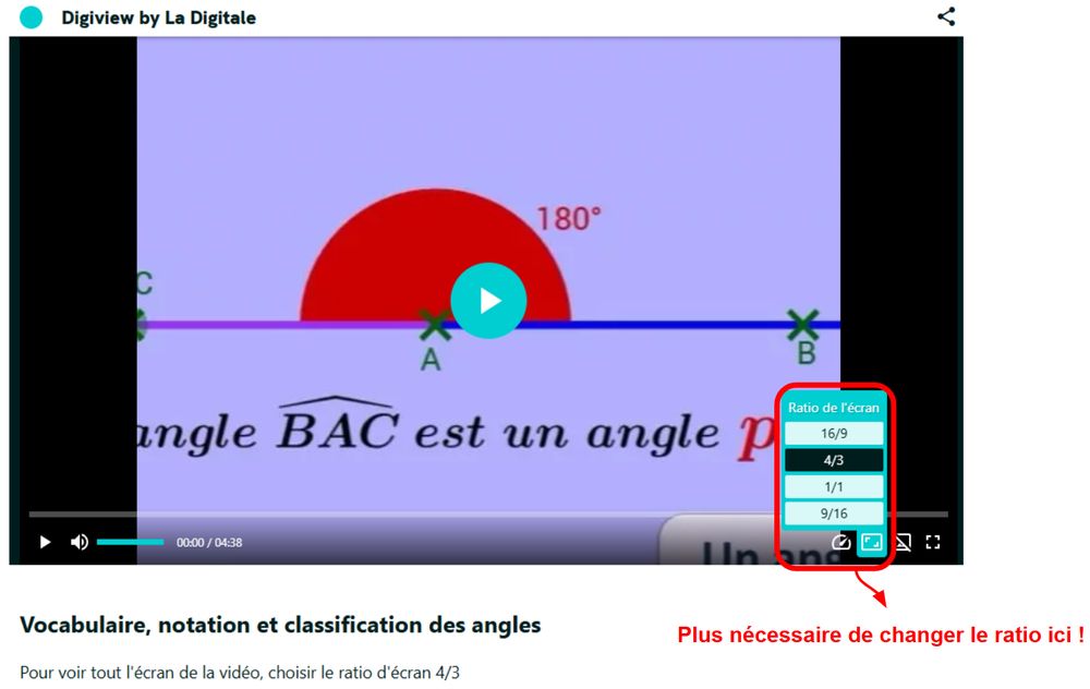 Capture montrant qu'il n'est plus nécessaire d'utiliser l'icône de modification du ratio de l'image, ni de préciser dans le descriptif après le titre de la vidéo qu'il faut la regarder avec un format 4/3.