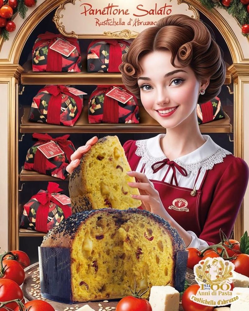 Zeichnung einer Frau, die ein „echtes“ Stück Panettone in der Hand hält. Vor ihr steht ein angeschnittener Panettone, hinter ihr ist ein Regal mit schön verpackten Panettoni zu sehen.