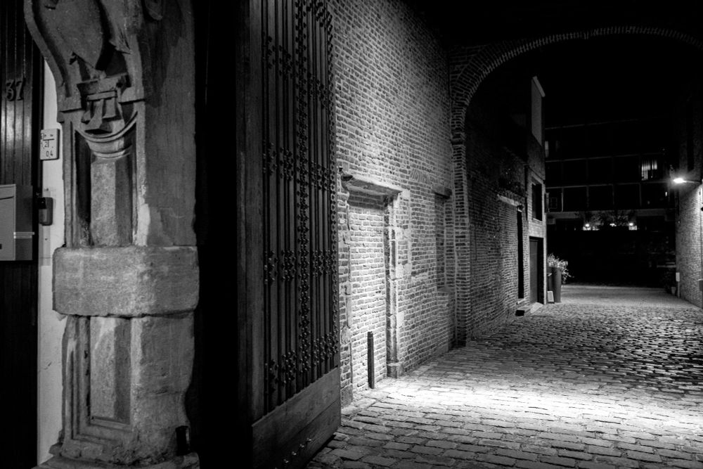 Antwerp, Belgium empty city street, black and white 