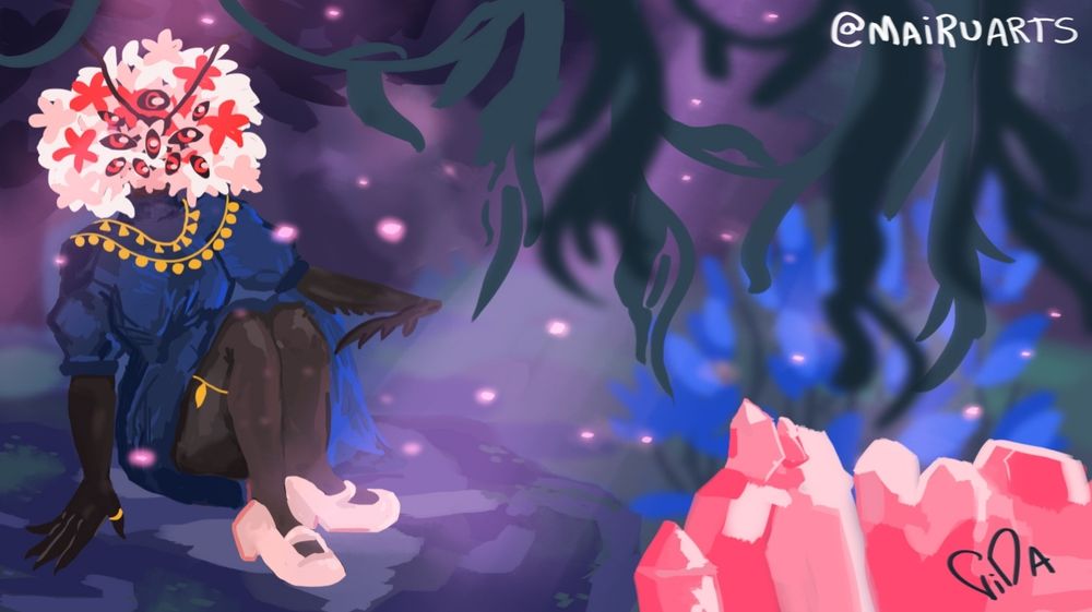 digital paint of a black skinned ghost (it's really pitch black). he  wears a dark blue dress, golden jewelry and white shoes. his hair is made of a bunch of light pink flowers that covers his entire face and only his 10 eyes can be seen. the background is a bunch of vibes and crystals