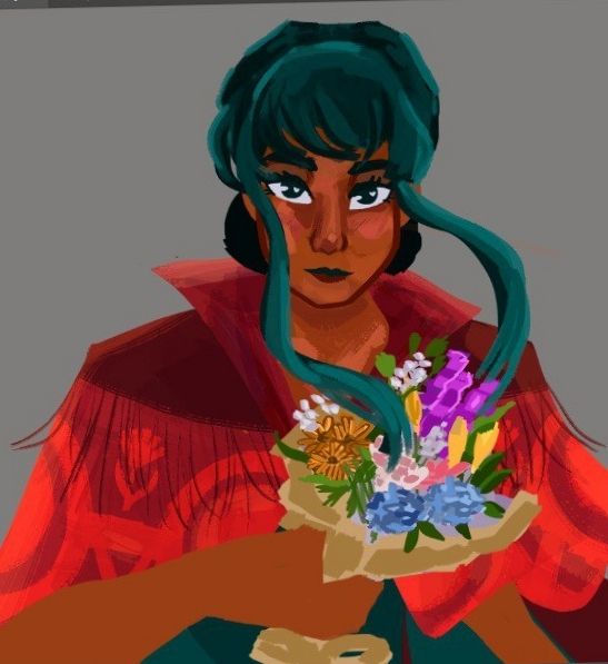 ilustração digital em progresso de um personagem original meu, ele tem a escura escura, os cabelos são verde azulado escuro e ondulado, preso atrás. Ele usa uma capa vermelha com símbolos geométricos e duas flores pequenas. Ele está segurando um buquê com flores variadas. 