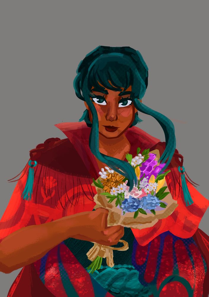 ilustração digital em progresso de um personagem original meu, ele tem a escura escura, os cabelos são verde azulado escuro e ondulado, preso atrás. Ele usa uma capa vermelha com símbolos geométricos e duas flores pequenas. Ele está segurando um buquê com flores variadas. 