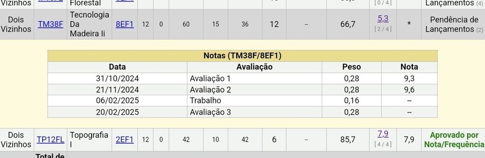 print do meu boletim da faculdade, mostrando a disciplina Tecnologia da madeira 2, na qual tirei 9,3 na primeira prova e 9,6 na segunda 