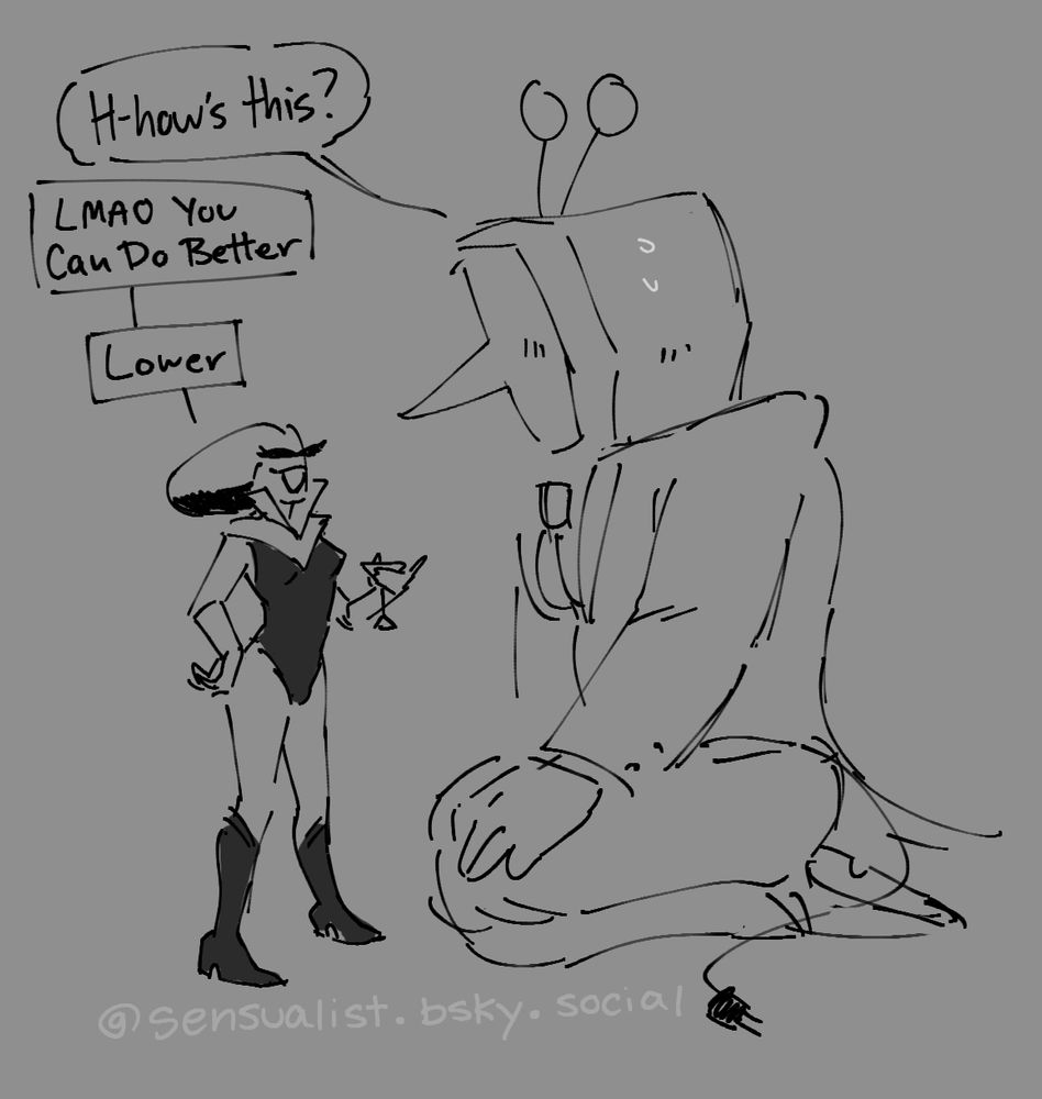 Panel 8: Tenna kneels before her, his hands resting on his knees as he sweats slightly and cheeks begin to blush. "H-how's this?" Queen smiles wide and squints at him, "LMAO You Can Do Better. Lower."