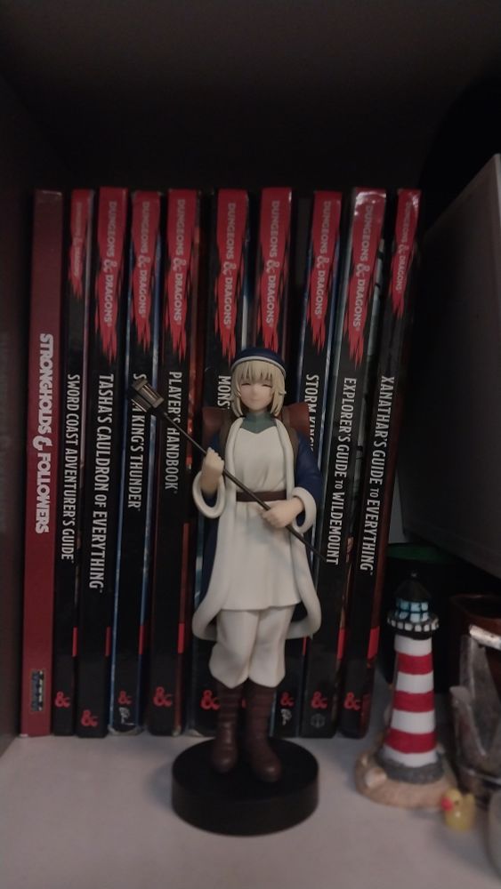The same figure, standing in front of my girlfriends' DND shelf