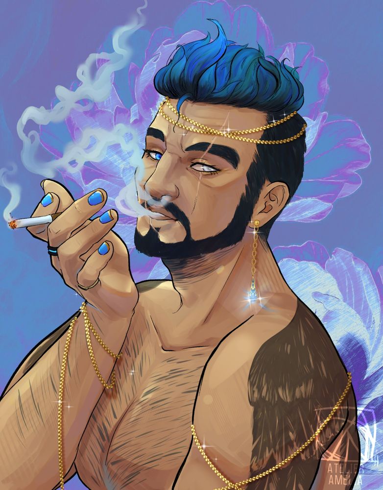 A bearded man with blue hair and painted nails smokes a cigarette. He wears gold jewelry, including chains and a headpiece, against a blue background with floral designs.