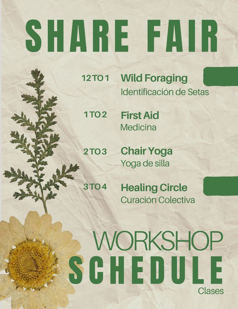 Event flyer. Off white papery background. A picture of a sunflower and a fern. Text reads:

SHARE FAIR WORKSHOP SCHEDULE

12 TO 1 Wild Foraging (Identificación de Setas)

1TO 2 First Aid (Medicina) 

2 TO 3 Chair Yoga (Yoga de silla)

3 TO 4 Healing Circle (Curación Colectiva)