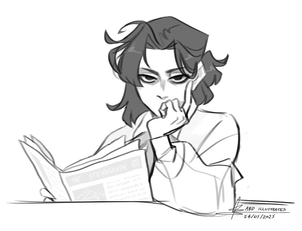 a digital sketch of Alastor Creed, a gaunt man with shoulder length black hair, staring coldly at the viewer with dark eyes. His mouth is covered by the hand he's leaning his face on, as he holds a newspaper in the other.