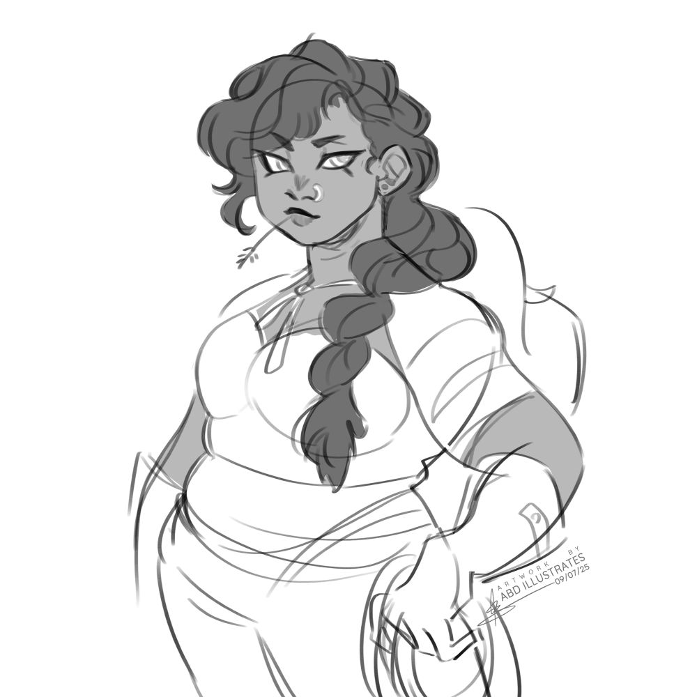 a digital sketch of Diana; a sharp-eyed young woman with dark skin, a black braid draped over one shoulder, and a loosely sketched cowboy-ish outfit.