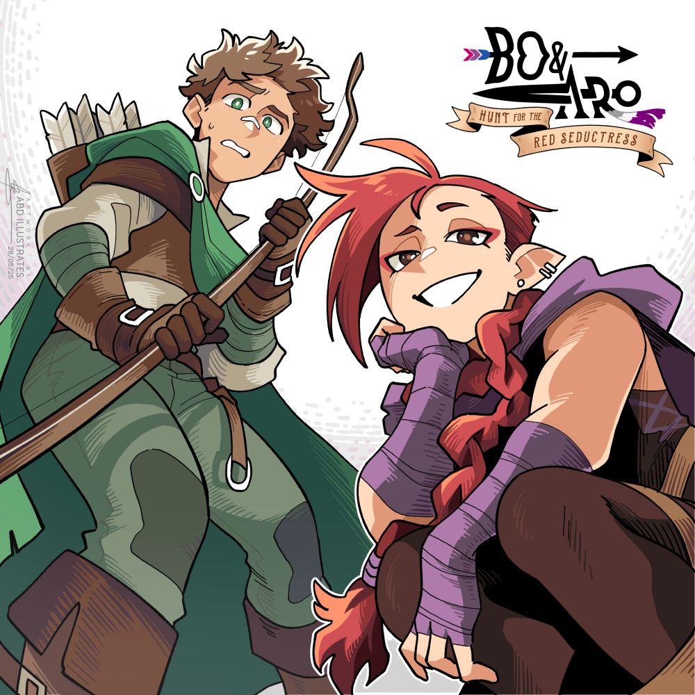 a colored digital illustration of Bo, a nervous archer in a green cape, clutching his Bow to his chest; and Aro, a confident rogue with dark clothes and a long red braid, looking into the camera.