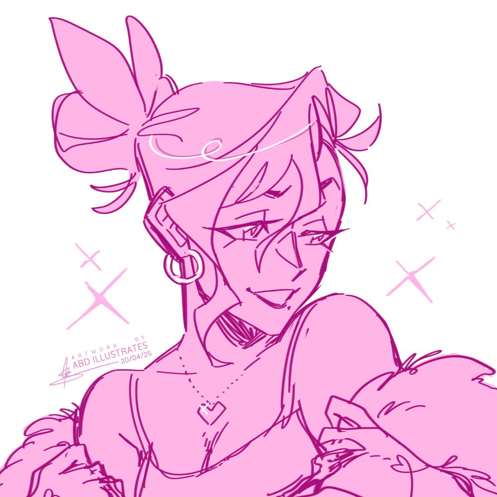 A digital sketch of Alchemy Valentine, in monochrome pink. Their hair is up in a heart-shaped bun and they are dressed glamorously with a feather boa