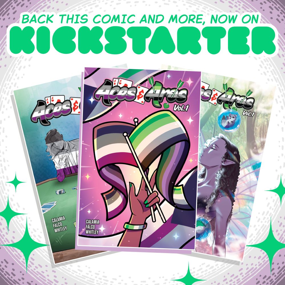 a promotional graphic for the "Aces & Aros" kickstarter campaign, featuring a trio of Variant covers for the comic anthology.