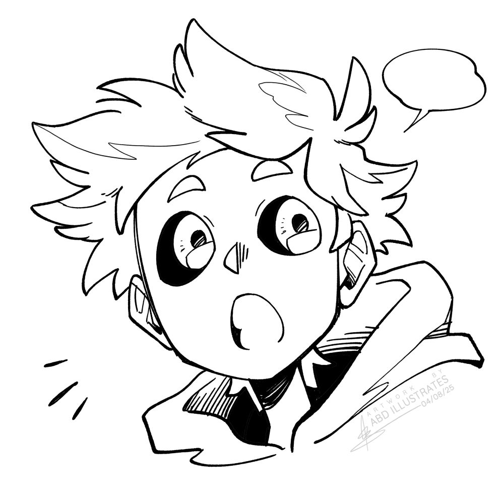 A black-and-white, manga-styled headshot drawing of Heartless, a round-faced boy with black-sclera eyes and messy hair. He seems to have something to say.