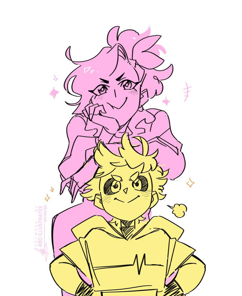 A cutely-styled digital sketch of Alchemy Valentine and Heartless, in monochrome pink and yellow respectively. Alchemy is leaning on Heartless' head as he stands in front of her with his hands on his hips. Both wear proud / mischievous expressions as they look into the camera.
