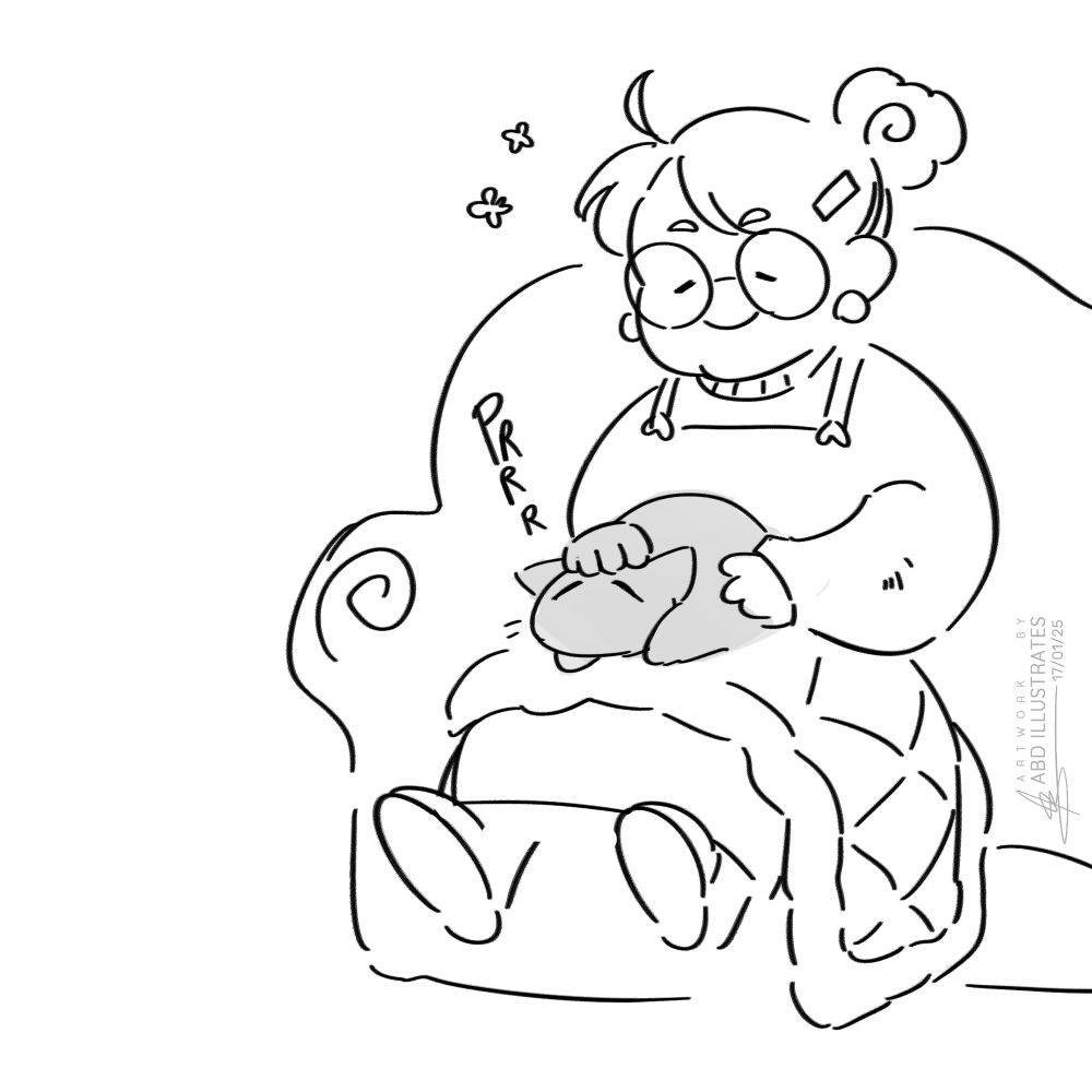 Simple black and white doodle of Moira, a little old lady with big round glasses, petting a purring Murphy