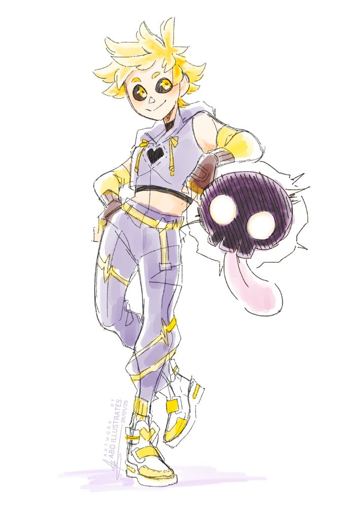 Colored digital sketch of Heartless - a boy with messy blond hair, sporty clothing and blacked-out eyes - leaning on a floating skull and smiling.