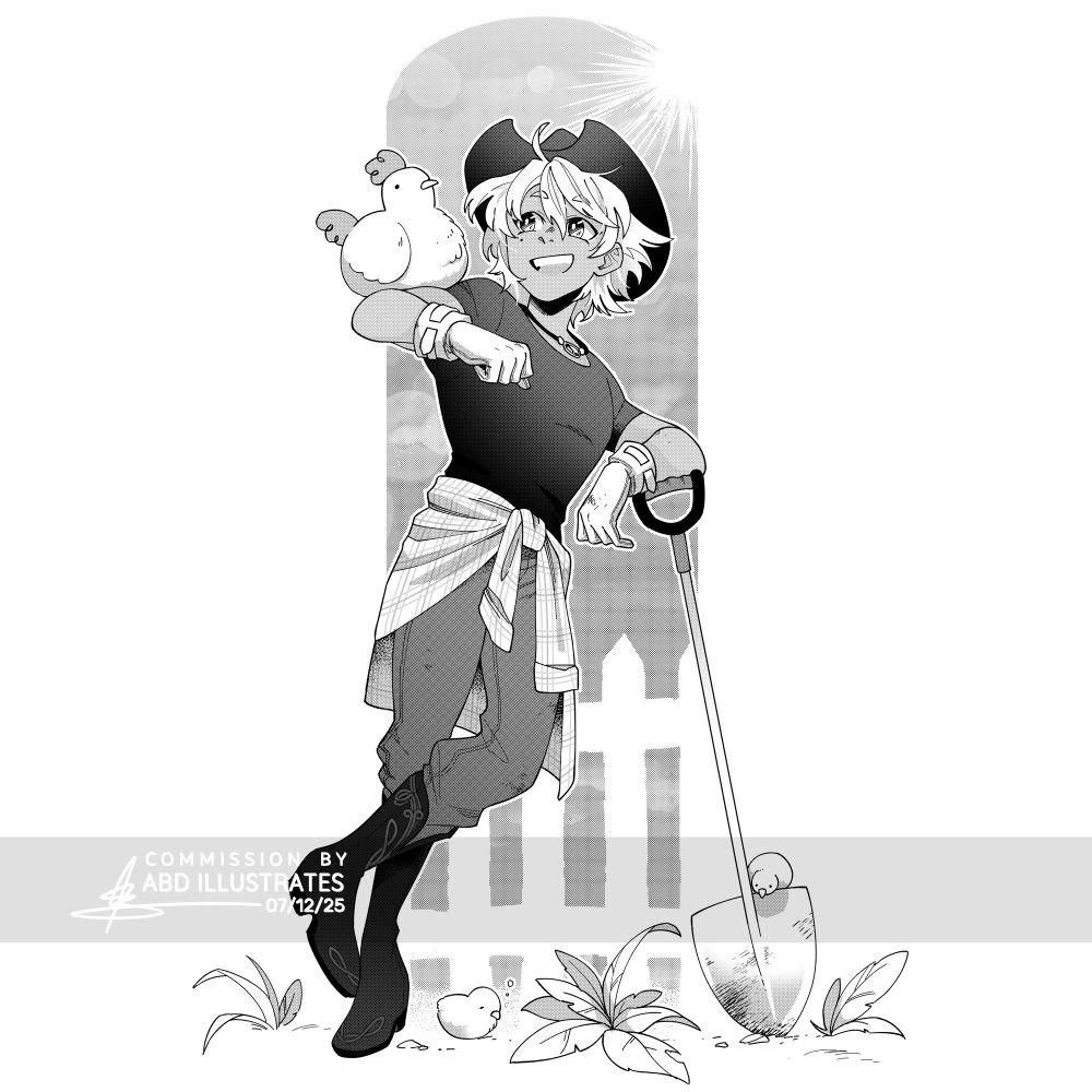 Black and white manga styled artwork of Bright; a young man with white hair and a dark cowboy hat, leaning on a shovel while smiling at the chicken perched on his arm. A fence and some dozing baby chicks can be seen around him.